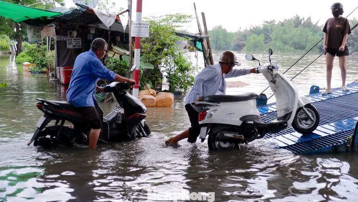 Tại bến phà Phú Định (phía bờ đường Rạch Cùng, phường Bình Đông) nước ngập sâu khiến việc đưa xe máy lên phà gặp nhiều khó khăn.