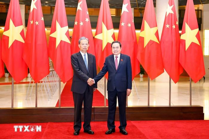 Chiều 31/8/2025, tại Nhà Quốc hội, Chủ tịch Quốc hội Trần Thanh Mẫn đón Ủy viên trưởng Nhân đại toàn quốc Trung Quốc Triệu Lạc Tế. (Ảnh: Doãn Tấn/TTXVN)