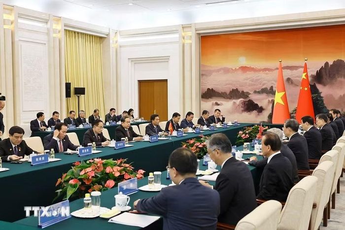 Chủ tịch Quốc hội Trần Thanh Mẫn hội kiến Chủ tịch Chính hiệp toàn quốc Trung Quốc Vương Hộ Ninh. (Ảnh: Doãn Tấn/TTXVN)