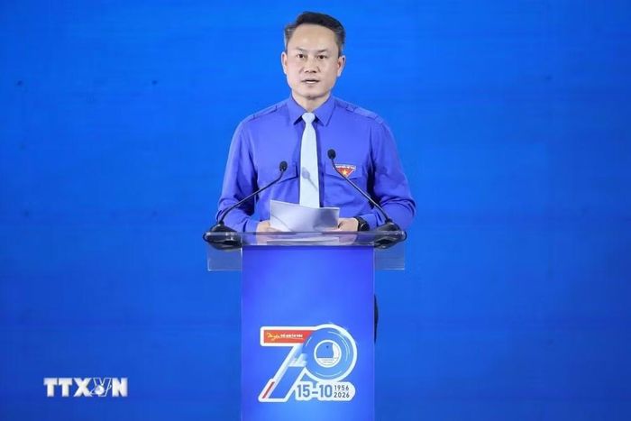 Bí thư Trung ương Đoàn, Chủ tịch Trung ương Hội Liên hiệp Thanh niên Việt Nam Nguyễn Kim Quy phát biểu tại Lễ kỷ niệm. (Ảnh: Minh Đức/TTXVN)