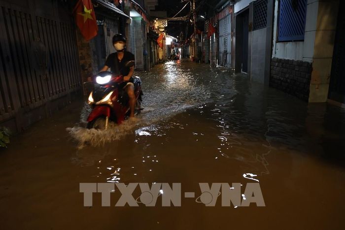 Xe máy di chuyển trong hẻm 115 đường Phạm Hữu Lầu, phường Tân Mỹ, ngập sâu do triều cường tối 11/10. Ảnh: Hồng Đạt - TTXVN 