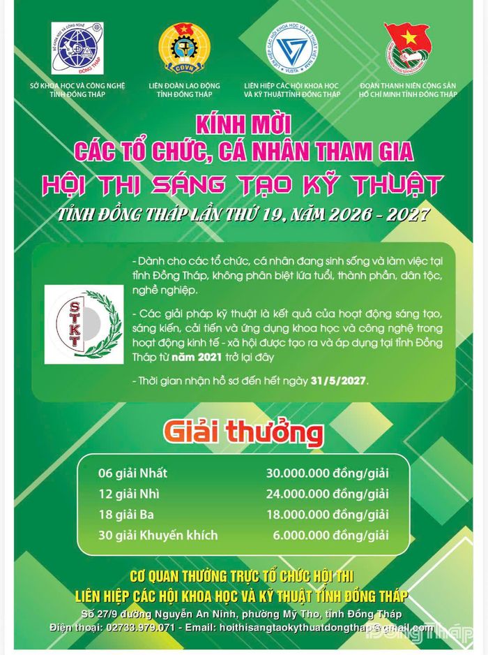 Thông tin về thể lệ Hội thi Sáng tạo Kỹ thuật tỉnh Đồng Tháp lần thứ 19, năm 2026-2027.