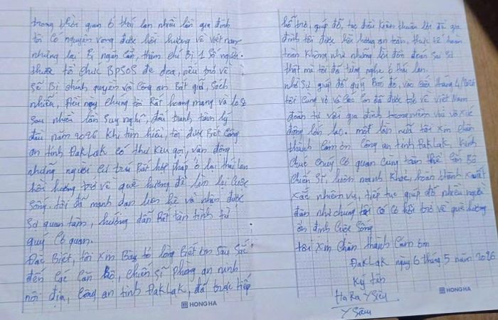 Bức thư của anh Hara Y Siêu viết gửi lời cảm ơn đến lực lượng Công an.