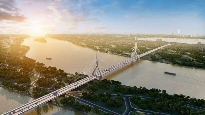 Phối cảnh thiết kế cầu dây văng Tứ Liên bắc qua sông Hồng.