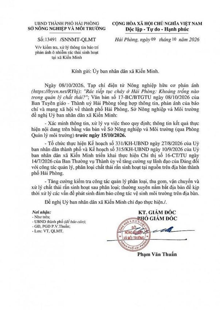 Văn bản số 13491/SNNMT-QLMT ngày 9/10/2026 về việc kiểm tra, xử lý thông tin báo chí phản ánh ô nhiễm rác thải sinh hoạt tại xã Kiến Minh.