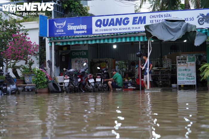 Không chỉ ảnh hưởng đến giao thông, triều cường còn khiến hoạt động kinh doanh dọc tuyến đường Nguyễn Bình rơi vào cảnh ế ẩm. Nhiều cửa hàng vắng khách, trong khi nước ngập tràn vào nhà gây thiệt hại tài sản.