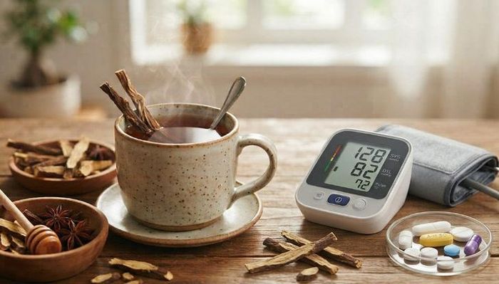 Người bị tăng huyết áp, bệnh tim hoặc bệnh thận cần thận trọng khi sử dụng trà thảo dược cam thảo. Ảnh AI.
