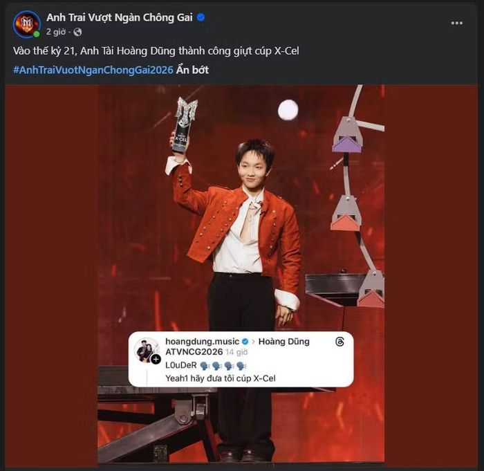  Sau đó, trên fanpage chính thức của chương trình cũng "xác nhận" Anh Tài Hoàng Dũng thành công có được cúp cho giải "X-Cel". 
