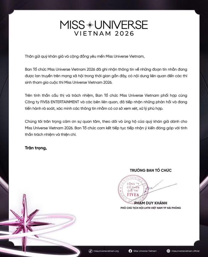 BTC Miss Universe Vietnam 2026 cho biết đang tiến hành xác minh những tin nhắn có liên quan đến các thí sinh tham gia cuộc thi năm nay.