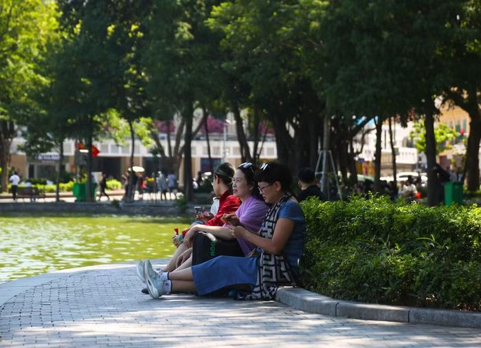 Người dân ngồi trò chuyện bên bờ hồ rợp bóng cây, tìm chút không gian yên bình và mát mẻ