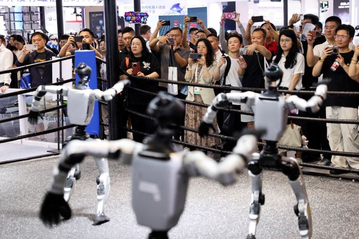  Robot hình người trình diễn trên sàn đấu mô phỏng võ đài quyền anh tại Hội nghị Trí tuệ nhân tạo thế giới (WAIC) ở Thượng Hải, Trung Quốc, hồi tháng 7. Ảnh: Reuters. 