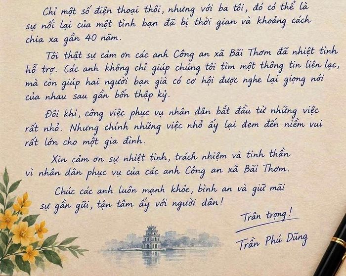 Thư cảm ơn của anh Trần Phú Dũng gửi lực lượng Công an đặc khu Phú Quốc, tỉnh An Giang