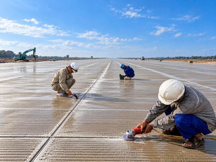 Công nhân xử lý kỹ thuật mặt đường băng tại sân bay Quảng Trị để chuẩn bị cho cuộc thử nghiệm dự kiến vào ngày 15.10, nếu điều kiện thời tiết cho phép