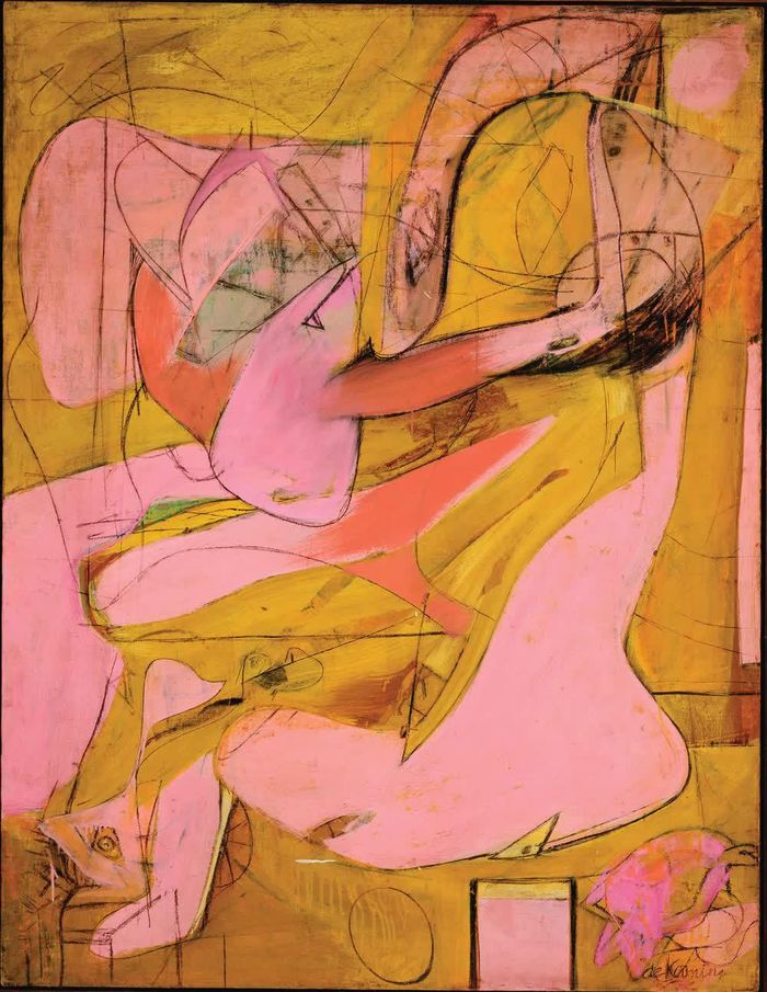 "Pink Angels" (khoảng năm 1945) cho thấy những thử nghiệm ban đầu của họa sĩ với hình thể và màu sắc