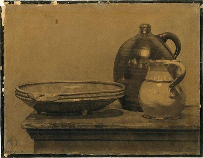 "Dish with Jugs", bản vẽ tĩnh vật được thực hiện khi De Kooning còn ở tuổi thiếu niên, khoảng năm 1919–1921