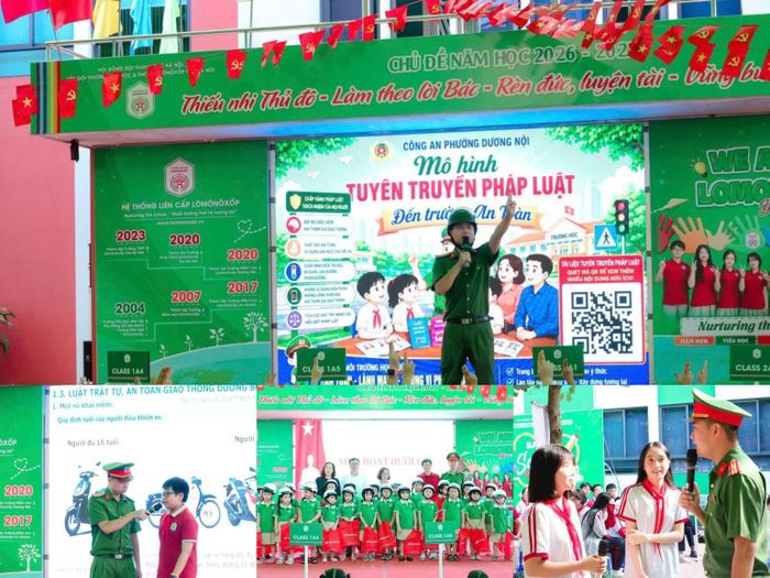 Trường liên cấp Lômônôxốp Tây Hà Nội phối hợp Công an phường Dương Nội tổ chức chương trình Tuyên truyền pháp luật “Đến trường an toàn”. (Ảnh: Trường liên cấp Lômônôxốp Tây Hà Nội)