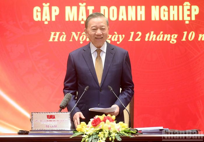 Tổng Bí thư, Chủ tịch nước Tô Lâm phát biểu tại cuộc gặp mặt đại biểu doanh nghiệp tiêu biểu.