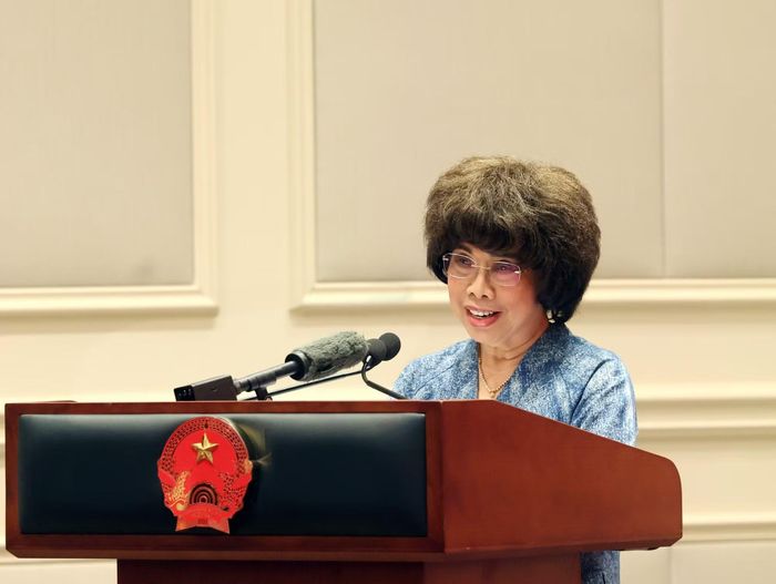 Anh hùng Lao động Thái Hương, Nhà sáng lập, Chủ tịch Hội đồng Chiến lược Tập đoàn TH, Tổng Giám đốc Ngân hàng TMCP Bắc Á, đã có bài phát biểu đại diện cộng đồng doanh nghiệp Việt Nam tại sự kiện.
