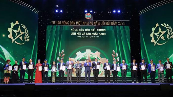 Đại diện Ban tổ chức, lãnh đạo các ban, ngành trao danh hiệu "Nông dân tiêu biểu trong liên kết và sản xuất xanh" tặng các cá nhân tiêu biểu. (Ảnh: Ban tổ chức cung cấp)