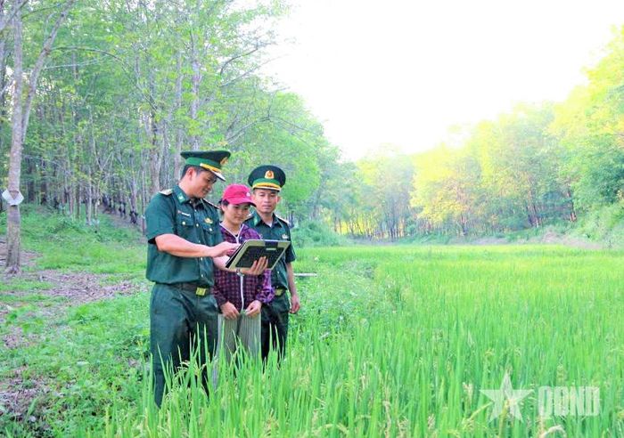  Đảng viên Đồn Biên phòng Ia Đal hướng dẫn người dân khu vực biên giới xã Ia Đal, tỉnh Quảng Ngãi trồng lúa nước. Ảnh: NHÃ UYÊN