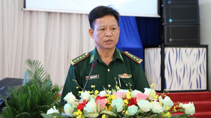  Đại tá Trương Công Số, Trưởng phòng Nghiệp vụ, Ban Chỉ huy Bộ đội Biên phòng tỉnh Tây Ninh phát biểu tại hội thảo 