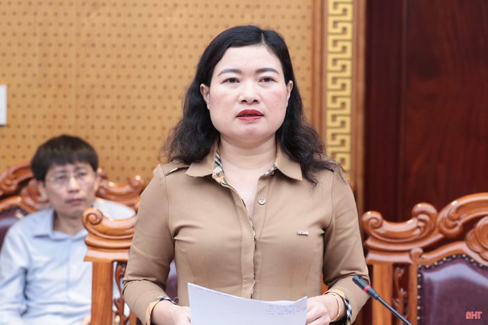 Đồng chí Nguyễn Thị Nguyệt - Phó Chủ tịch UBND tỉnh trình bày dự thảo về Đề án sắp xếp, tổ chức lại các đơn vị trực thuộc Sở Y tế.