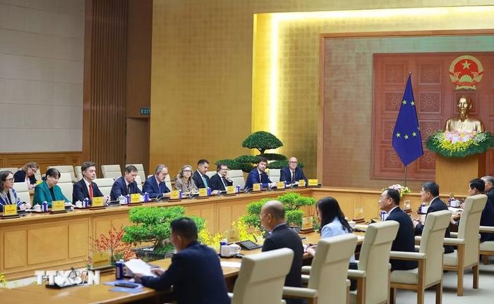 Các Đại sứ, đại biện phái đoàn Liên minh châu Âu và các nước thành viên EU tại Việt Nam tham dự cuộc tiếp. (Ảnh: Dương Giang/TTXVN)
