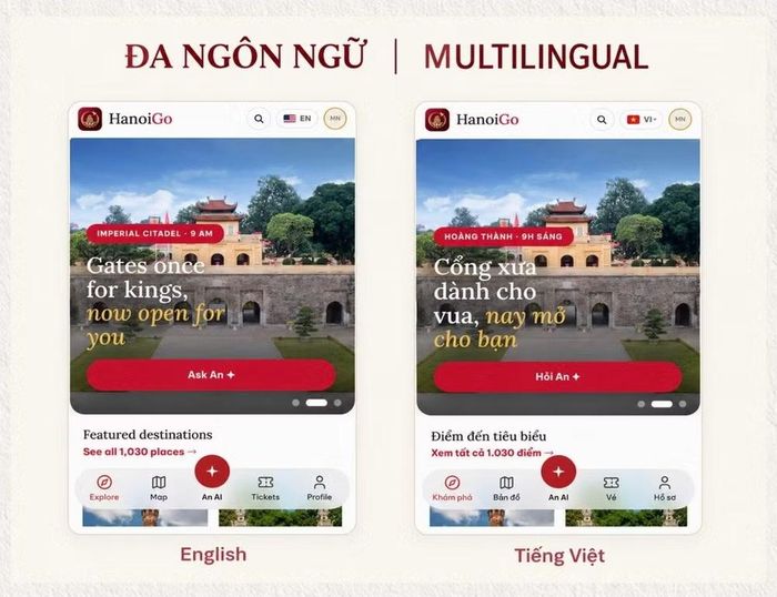 Giao diện thông minh tiếp cận đa dạng du khách trong nước và quốc tế. (Ảnh chụp màn hình)