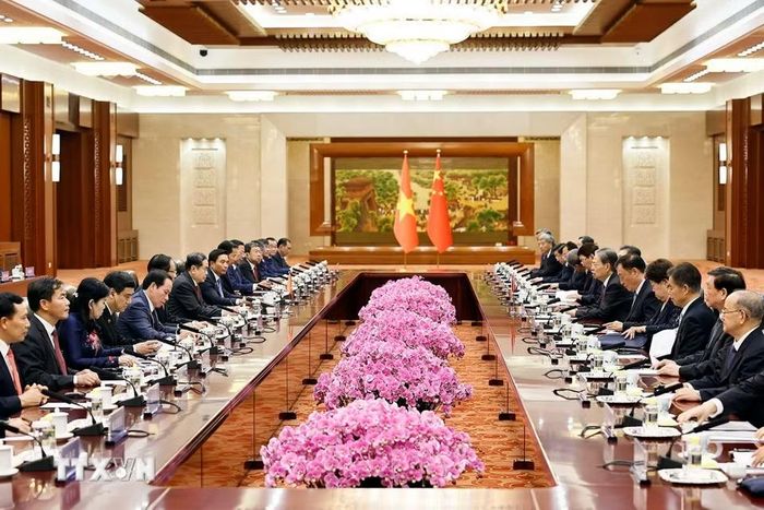 Chủ tịch Quốc hội Trần Thanh Mẫn hội đàm với Ủy viên trưởng Ủy ban thường vụ Đại hội Đại biểu Nhân dân toàn quốc Trung Quốc Triệu Lạc Tế và đồng chủ trì Phiên họp lần thứ 2 Ủy ban hợp tác giữa Quốc hội Việt Nam và Nhân đại toàn quốc Trung Quốc. (Ảnh: Doãn Tấn/TTXVN)