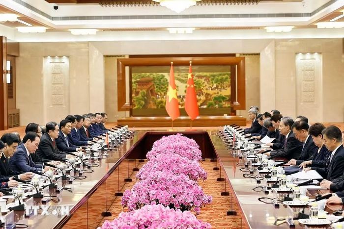 Chủ tịch Quốc hội Trần Thanh Mẫn hội đàm với Ủy viên trưởng Ủy ban thường vụ Đại hội Đại biểu Nhân dân toàn quốc Trung Quốc Triệu Lạc Tế và đồng chủ trì Phiên họp lần thứ 2 Ủy ban hợp tác giữa Quốc hội Việt Nam và Nhân đại toàn quốc Trung Quốc. (Ảnh: Doãn Tấn/TTXVN)