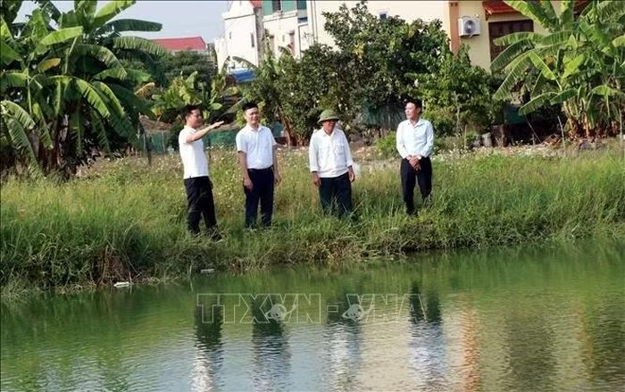 Đảng viên Vũ Đức Lập (ngoài cùng, bên trái), thôn Nam Ngoại, xã Quang Hưng (Ninh Bình) chia sẻ kinh nghiệm phát triển kinh tế với cán bộ, người dân trong xã.