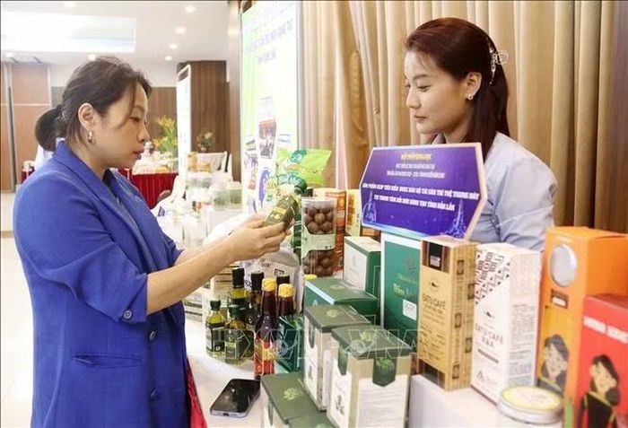 Đại biểu tham quan gian hàng trưng bày sản phẩm nông sản chủ lực, sản phẩm OCOP bên lề hội thảo.