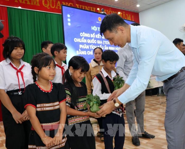 Trao giống sâm Ngọc Linh của Trung tâm ươm tạo công nghệ tặng 200 cây giống cho các học sinh có hoàn cảnh khó khăn tại xã Măng Ri. Ảnh: Cao Nguyên-TTXVN