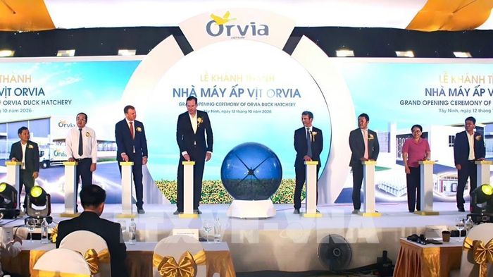 Các đại biểu thực hiện nghi thức khánh thành Nhà máy ấp vịt Orvia Tây Ninh, đánh dấu bước phát triển mới trong ứng dụng công nghệ vào lĩnh vực chăn nuôi thủy cầm tại địa phương. Ảnh: Minh Phú – TTXVN