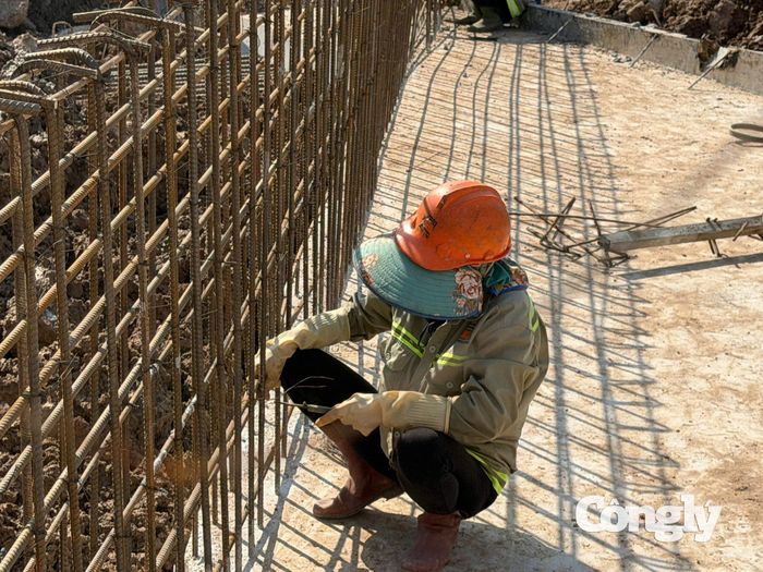 Công nhân hăng say làm việc trên công trường.