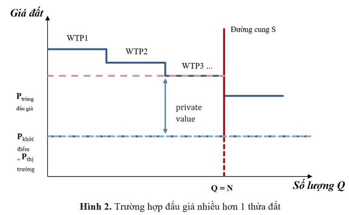 Giả định giá đất khởi điểm dù được xác định theo phương pháp nào thì vẫn đảm bảo phù hợp với giá trị thị trường theo đúng quy định tại Luật Đất đai. Trong trường hợp giả định này không đúng, chẳng hạn giá khởi điểm xác định thấp hơn (hoặc cao hơn) giá trị thị trường, đường giá khởi điểm sẽ nằm dưới (hoặc trên) đường P thị trường, các hàm ý của đồ thị vẫn không thay đổi.  Ảnh: Tác giả tự tổng hợp.