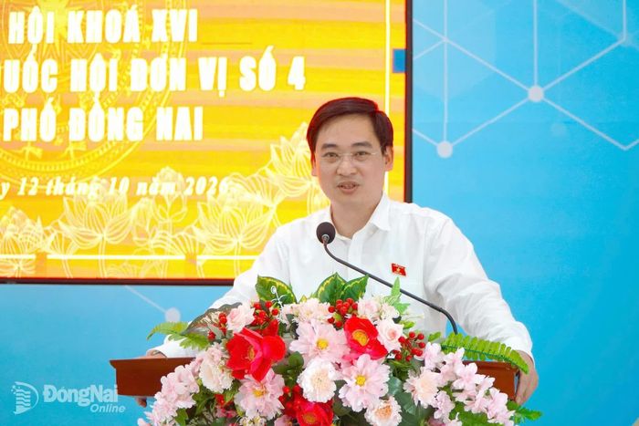 Đại biểu Quốc hội Đặng Anh Tuấn, Giám đốc Sở Giáo dục và Đào tạo thành phố phát biểu tại hội nghị tiếp xúc cử tri 2 xã Phú Hòa và Phú Vinh. Ảnh: An Nhơn