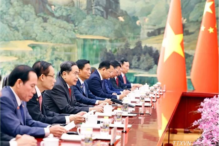 Chủ tịch Quốc hội Trần Thanh Mẫn phát biểu tại cuộc hội kiến Thủ tướng Trung Quốc Lý Cường. Ảnh: TTXVN