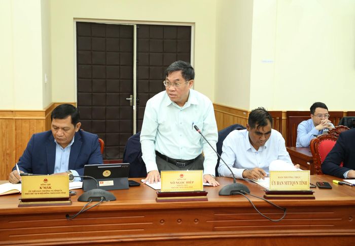 Đồng chí Võ Ngọc Hiệp, Tỉnh ủy viên, Phó Chủ tịch UBND tỉnh báo cáo tại cuộc họp