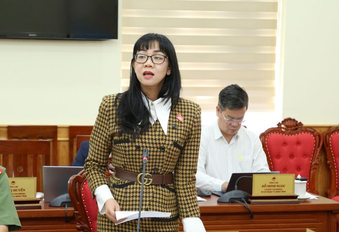 Đồng chí Trịnh Thị Tú Anh, ĐBQH hoạt động chuyên trách Đoàn ĐBQH tỉnh báo cáo các vấn đề liên quan đến kết quả giám sát chuyên đề của Đoàn ĐBQH tỉnh Lâm Đồng