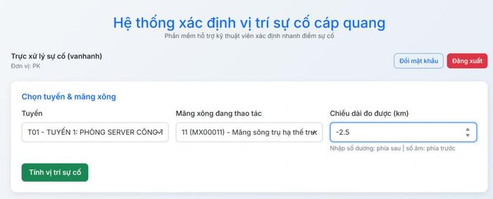 Nhập kết quả đo và nhấn nút tính vị trí sự cố