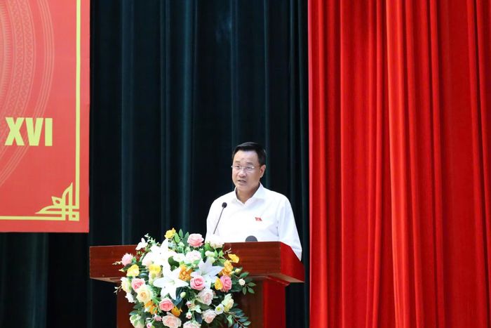 Bí thư Thành ủy, Trưởng đoàn ĐBQH đơn vị TP Đà Nẵng, ông Lê Ngọc Quang phát biểu tại hội nghị tiếp xúc.