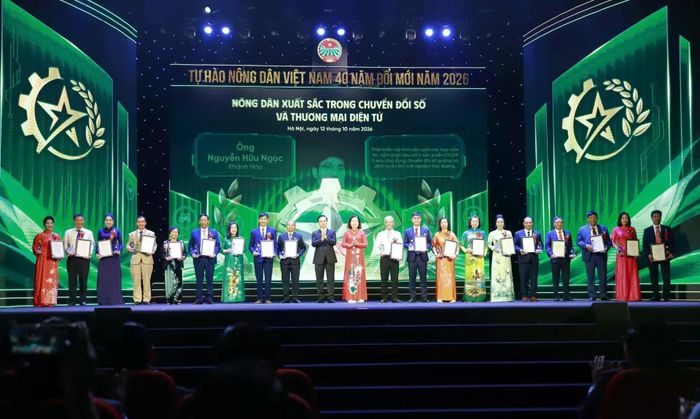 Nhóm “Nông dân xuất sắc trong chuyển đổi số và thương mại điện tử” nhận biểu trưng và chứng nhận.
