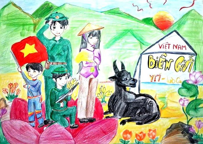 Tranh vẽ của học sinh Trường phổ thông dân tộc nội trú Tiểu học và Trung học cơ sở Y Tý về chung tay bảo vệ đường biên, cột mốc.