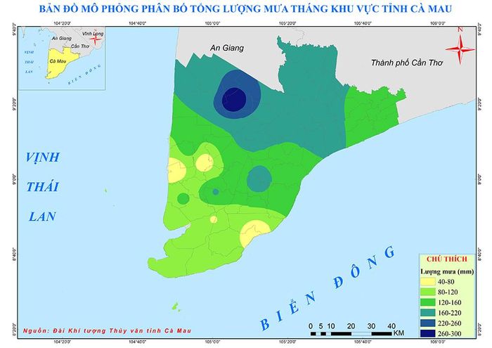 Bản đồ lượng mưa tháng 9/2026 tại Cà Mau, thể hiện diễn biến lượng mưa dưới tác động của các hình thế thời tiết ngắn hạn (Nguồn: Đài Khí tượng Thuỷ văn tỉnh Cà Mau).
