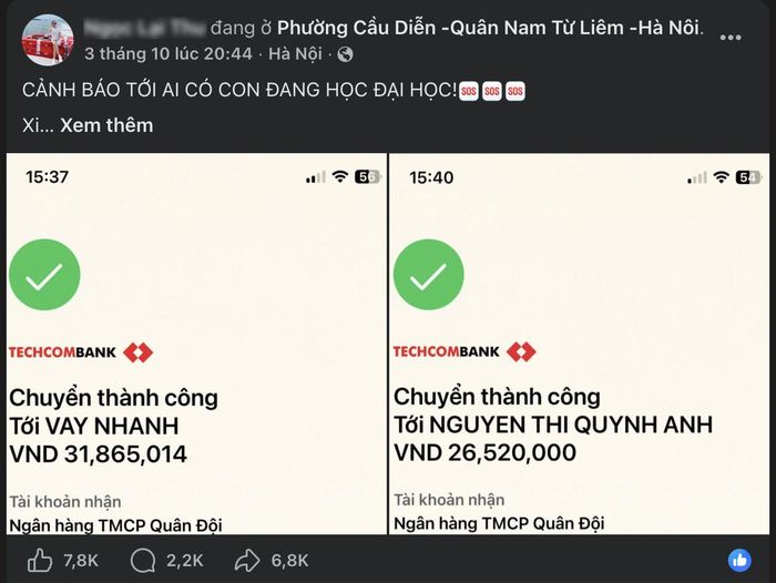 Hai hình ảnh chuyển khoản được chị N.L.T chia sẻ trong bài cảnh báo con gái nghi bị lừa đảo khi tìm việc gia sư trên Facebook. Ảnh chụp màn hình.