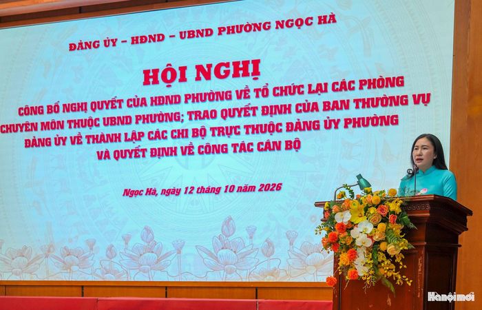 Bí thư Đảng ủy phường Ngọc Hà Đỗ Thị Lan Hương phát biểu tại hội nghị. Ảnh: Duy Khánh