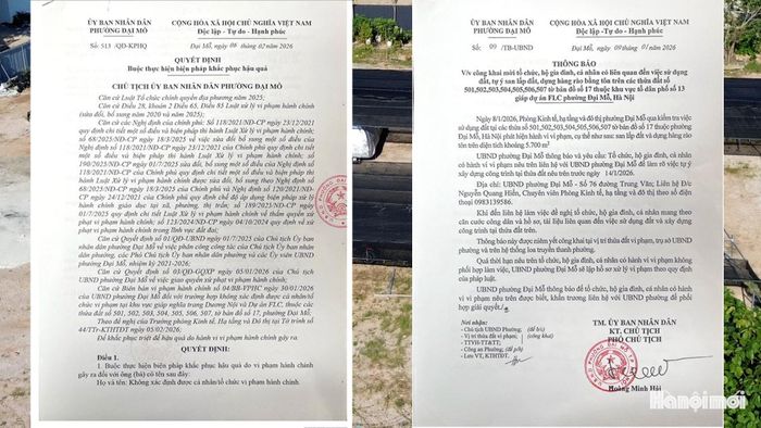 UBND phường Đại Mỗ đã ban hành một số văn bản liên quan đến vụ việc. Ảnh: PV