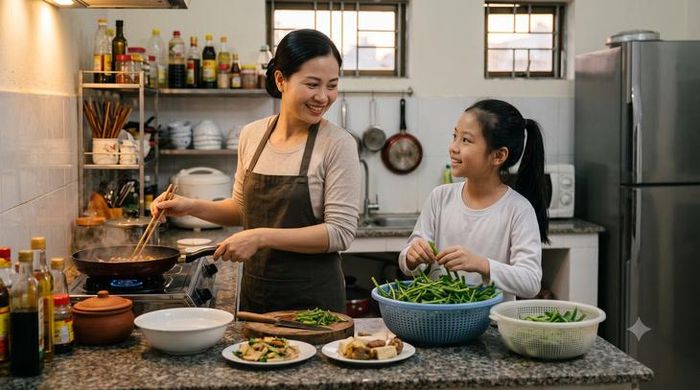 Cha mẹ có thể cùng con đi bộ, nấu ăn hoặc xem phim để tăng sự gắn kết, giúp trẻ cởi mở chia sẻ mà không chịu áp lực thành tích. Ảnh minh họa AI. 