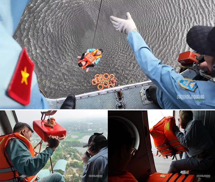 Từ cửa trực thăng, lực lượng cứu hộ phối hợp điều khiển thiết bị tời, tiếp cận người bị nạn dưới nước. Ảnh: Tuấn Anh
